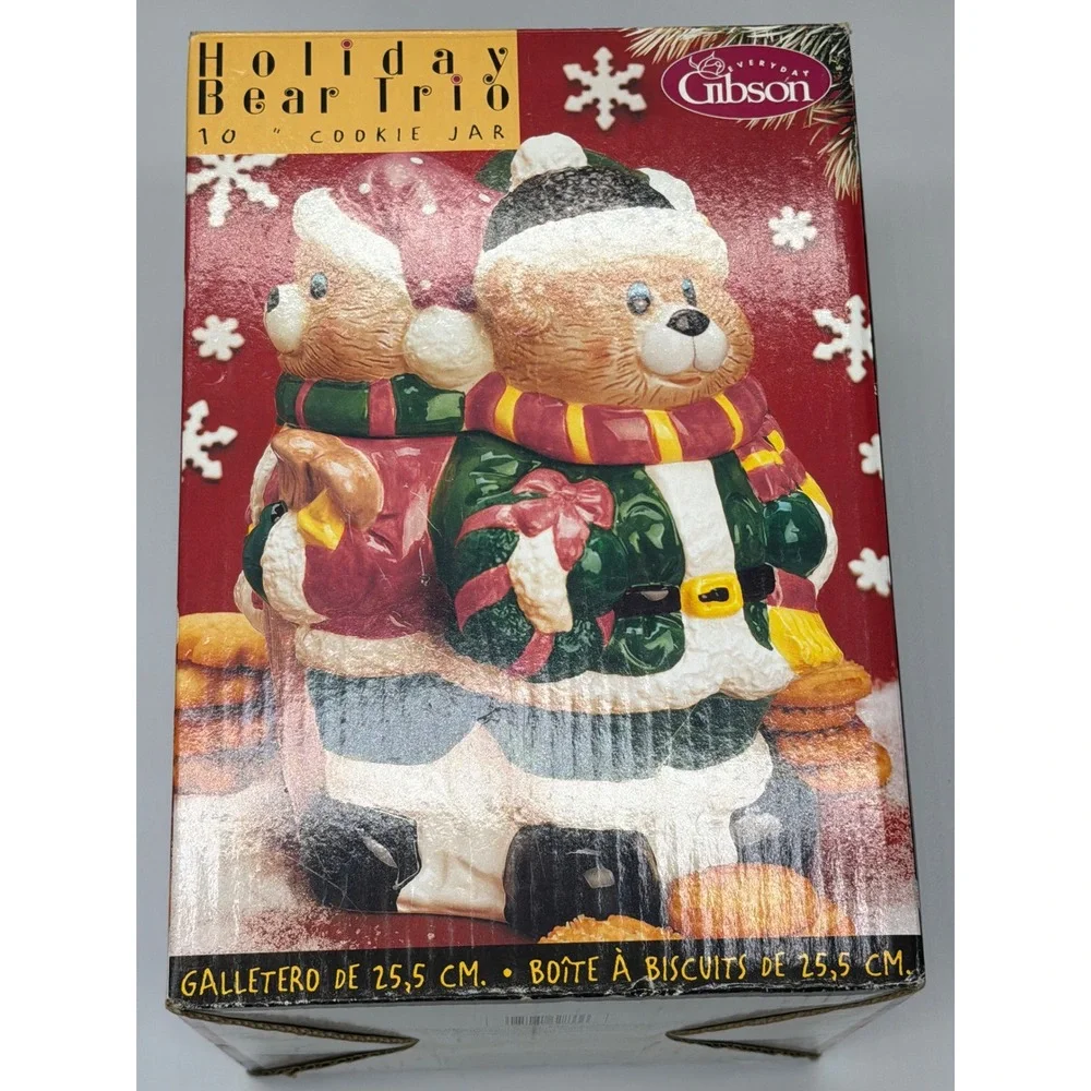 2001 Gibson Holiday Bear Trio 10 Inch Cookie Jar Ceramic Festive Christmas Decor